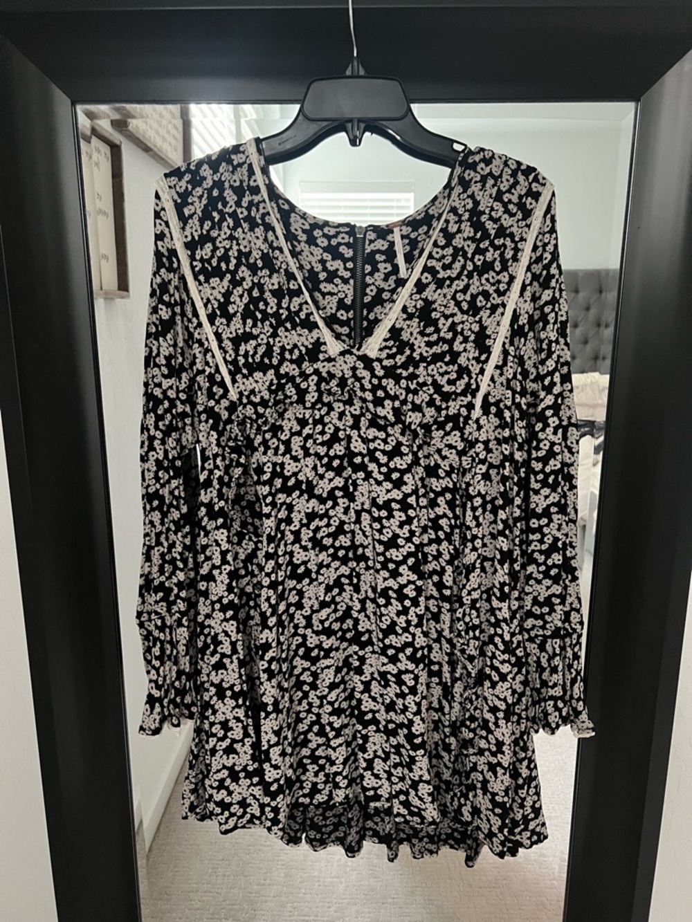 Free People Black and White Floral V-Neck Long Sleeve Dress